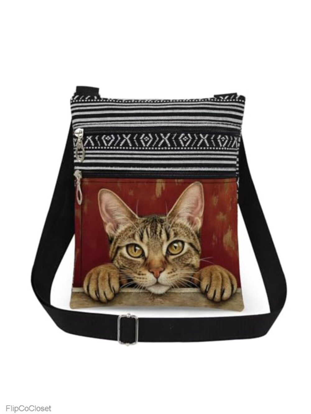 Polyester Cat Crossbody Bag Adjustable Strap Double Zipper